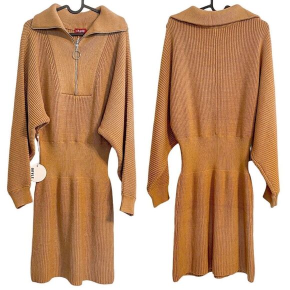 Staud Kirby Ribbed Sweater Dress Midi Camel - Picture 8 of 9